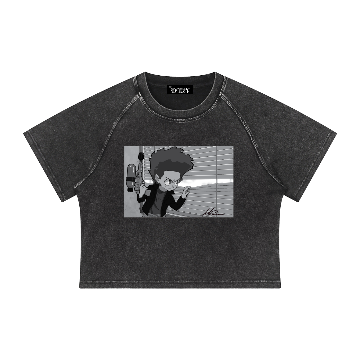 The Boondocks Huey On Watch Black Acid Wash Crop T-Shirt