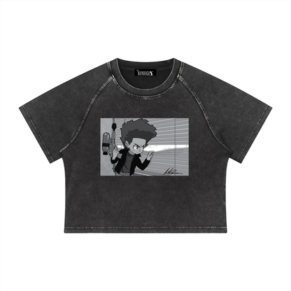 The Boondocks Huey On Watch Black Acid Wash Crop T-Shirt