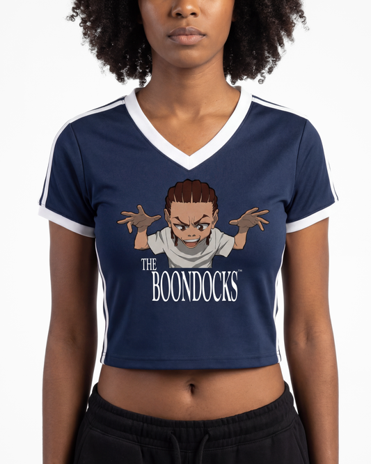 The Boondocks Riley Wild Motion Navy V-Neck Crop Tee