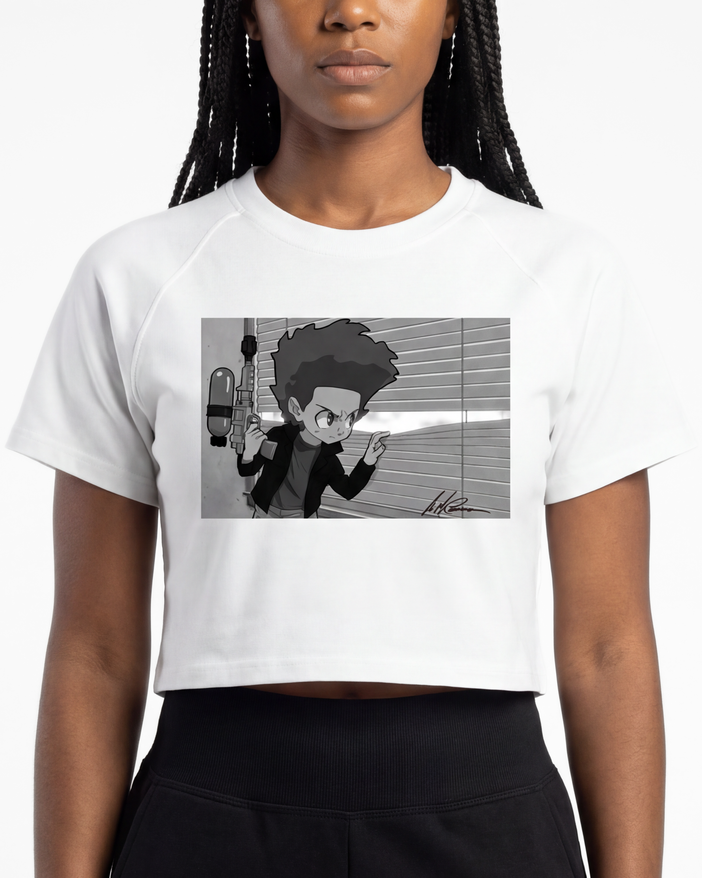 The Boondocks Huey On Watch White Acid Wash Crop T-Shirt