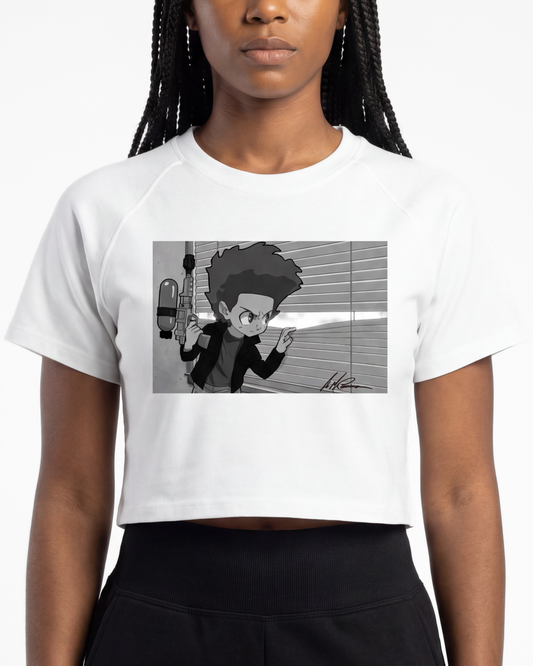 The Boondocks Huey On Watch White Acid Wash Crop T-Shirt