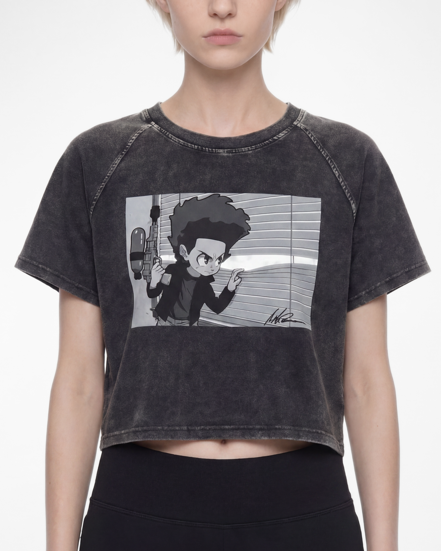 The Boondocks Huey On Watch Black Acid Wash Crop T-Shirt