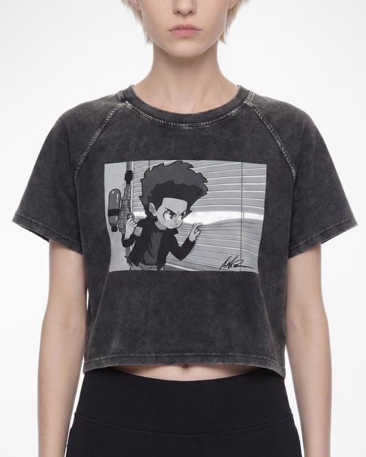 The Boondocks Huey On Watch Black Acid Wash Crop T-Shirt