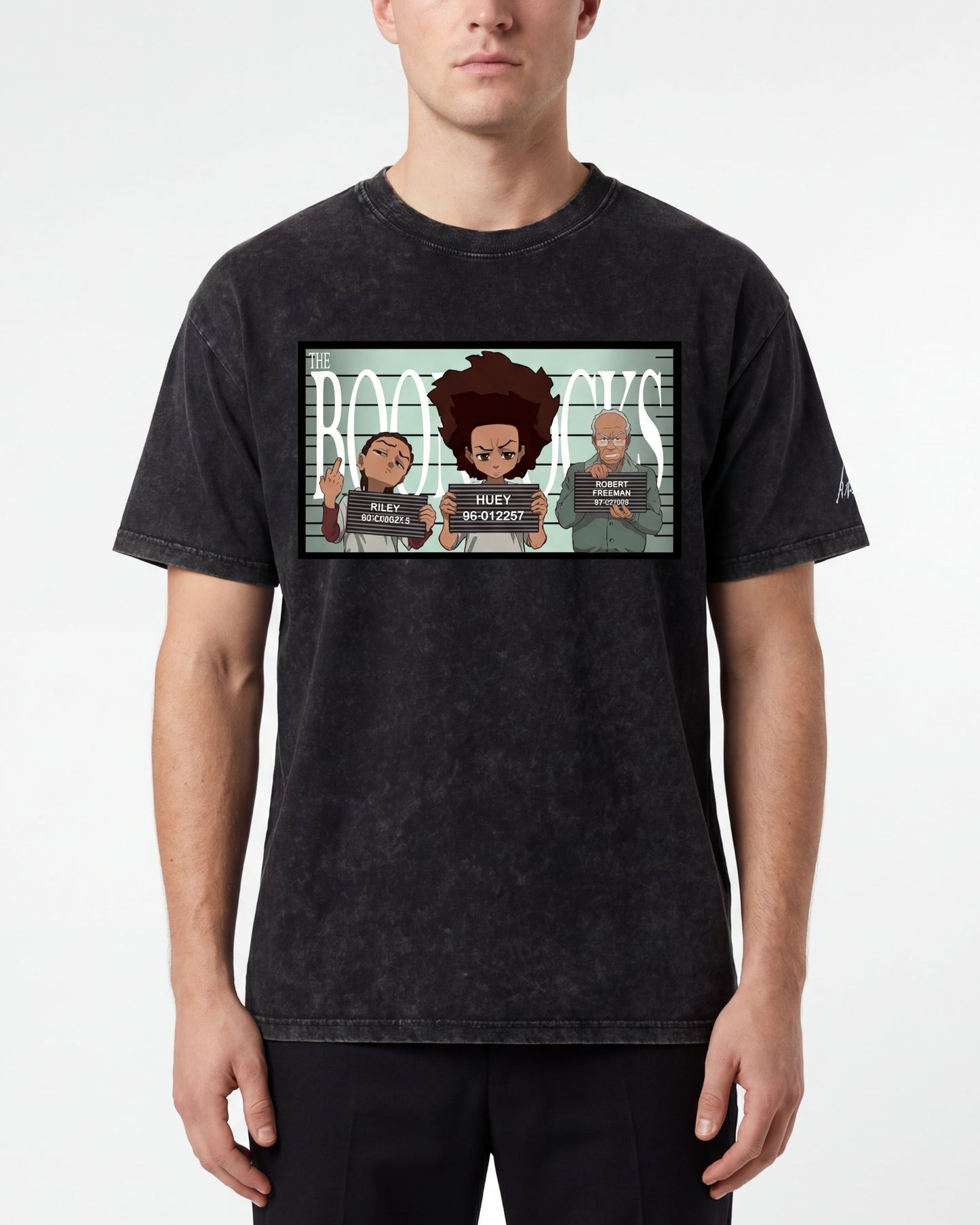 The Boondocks Freeman Family Mugshot Acid Washed Oversized T-Shirt
