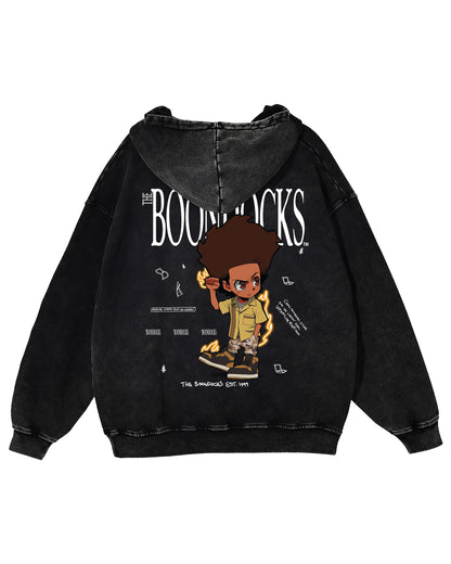 The Boondocks - Huey Khaled Acid Wash Oversize Black Heavyweight Hoodie