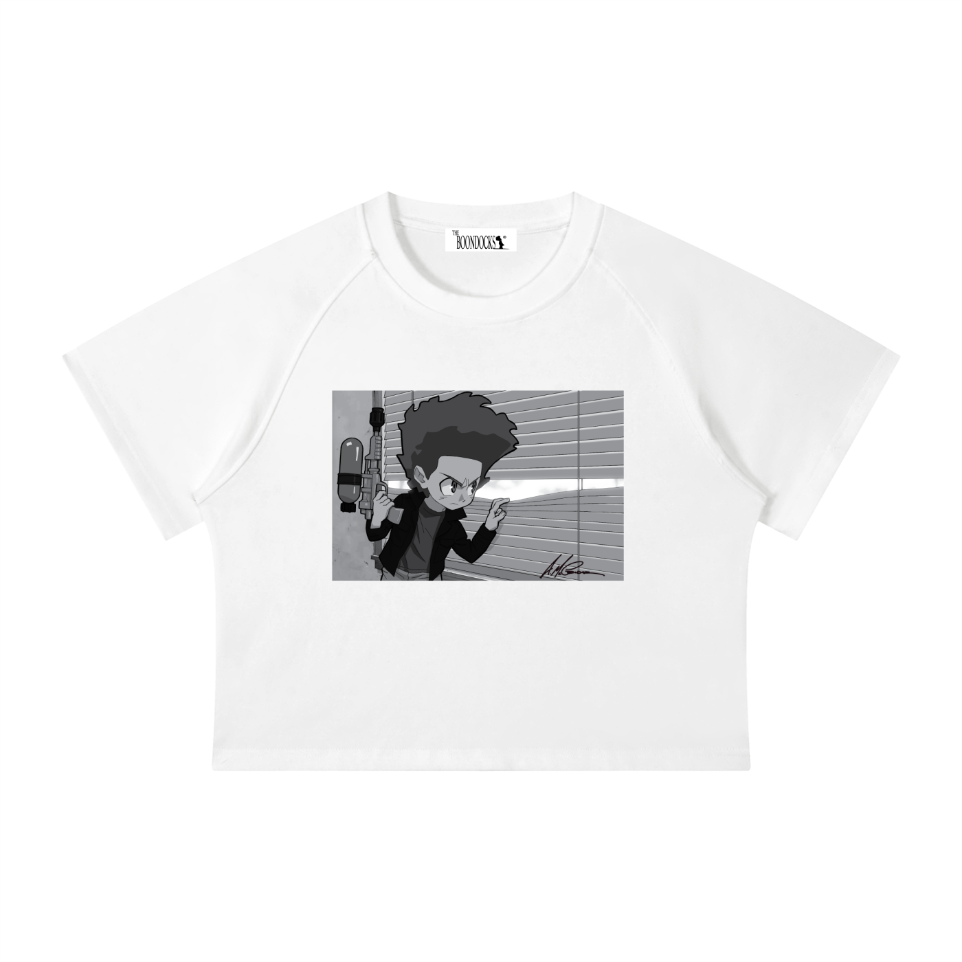 The Boondocks Huey On Watch White Acid Wash Crop T-Shirt