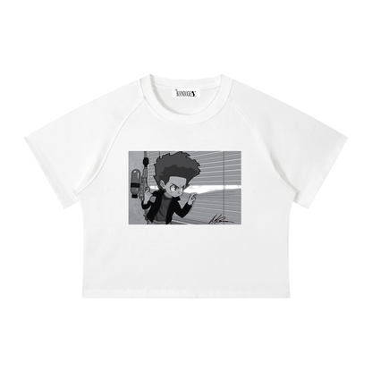 The Boondocks Huey On Watch White Acid Wash Crop T-Shirt