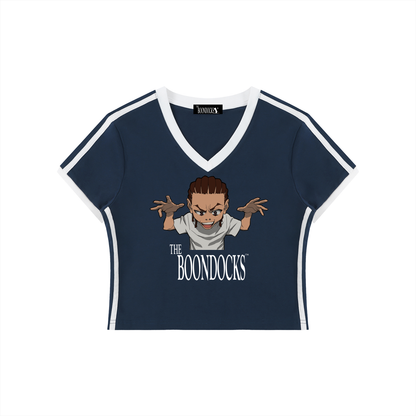 The Boondocks Riley Wild Motion Navy V-Neck Crop Tee
